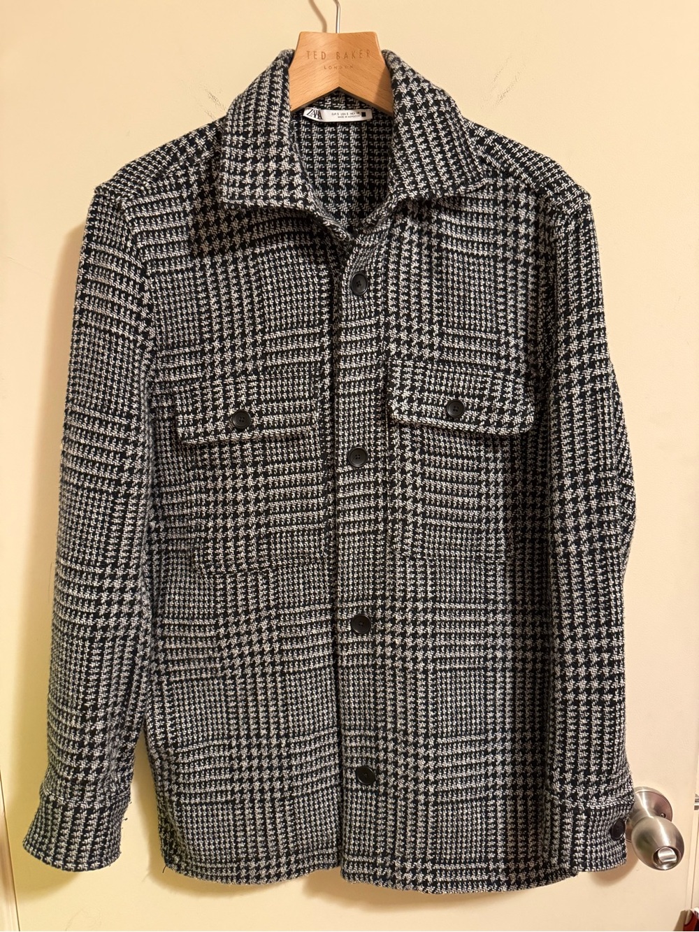 Zara Men's Black & White Houndstooth Tweed Shacket Shirt Jacket size Small